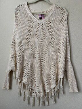 Boho Loose Knit Crochet Fringe Trim Festival Poncho Sweater Top